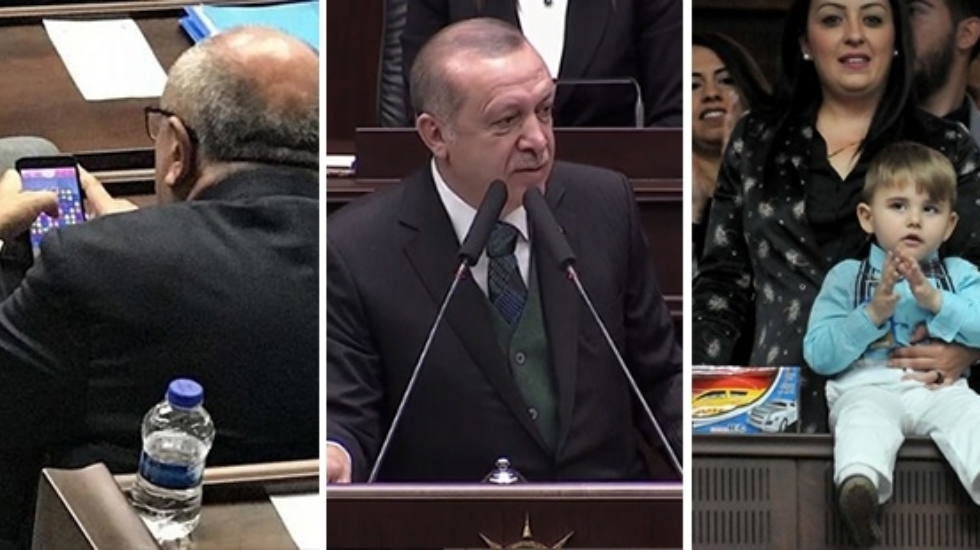 Erdoğan konuşurken Tuğrul Türkeş, Candy Crush oynadı