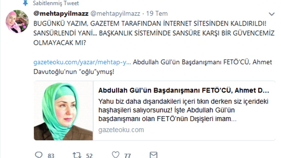 Akit yazarı sansüre uğrayınca isyan etti