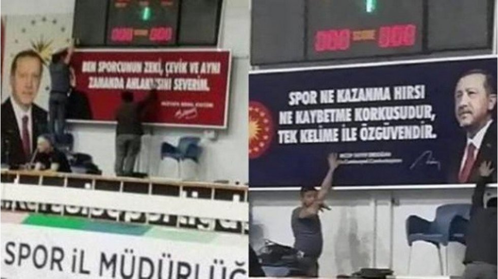 Bu da oldu! Atat&uuml;rk'&uuml;n s&ouml;z&uuml;n&uuml; indirip yerine Erdoğan'ın s&ouml;z&uuml;n&uuml; astılar