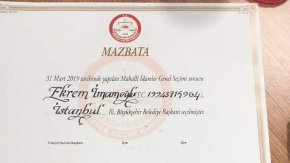 İstanbul B&uuml;y&uuml;kşehir Belediye Başkanı Ekrem İmamoğlu'nun mazbatası hazır