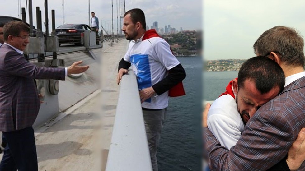 "Yeni partinin PR çalışması mı acaba?" Davutoğlu AKP tişörtlü kişiyi intihardan vazgeçirdi