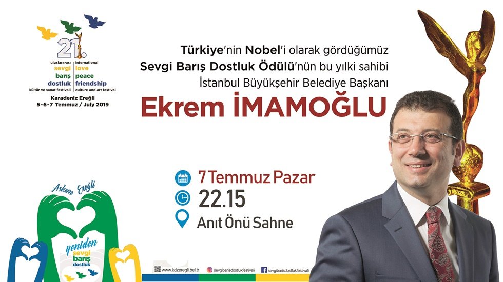 Ereğli Belediyesinin &lsquo;Sevgi, Barış, Dostluk &Ouml;d&uuml;l&uuml;&rsquo; İmamoğlu&rsquo;na