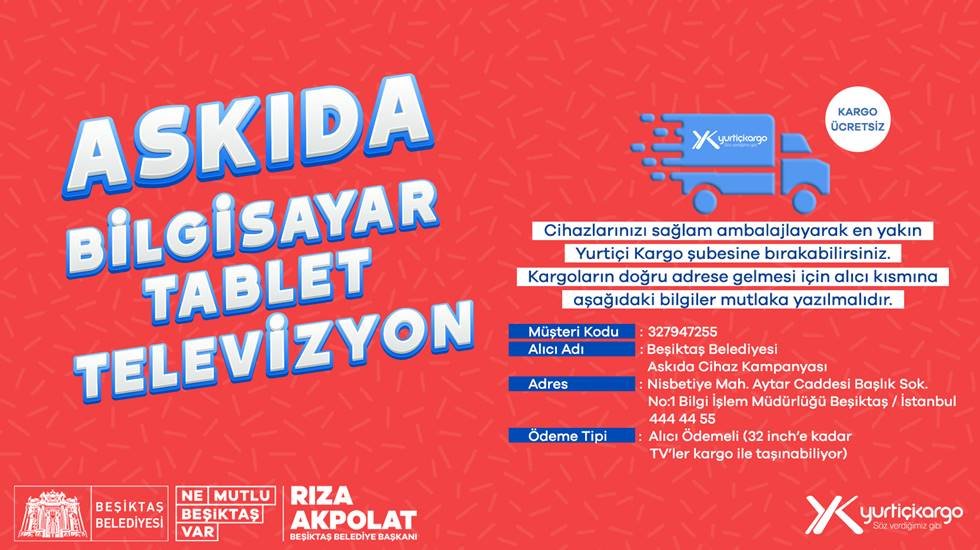 Beşiktaş Belediyesi’nin “Askıda Cihaz” kargolarını kargo firması ücretsiz taşıyacak