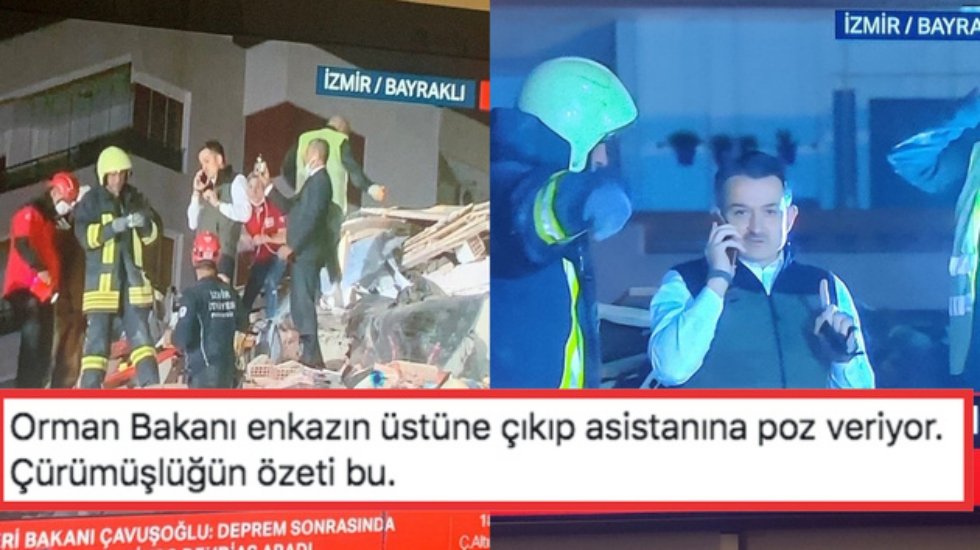 Bakan Pekdemirli'nin enkaz &uuml;zerindeki g&ouml;r&uuml;nt&uuml;s&uuml;ne tepki yağdı