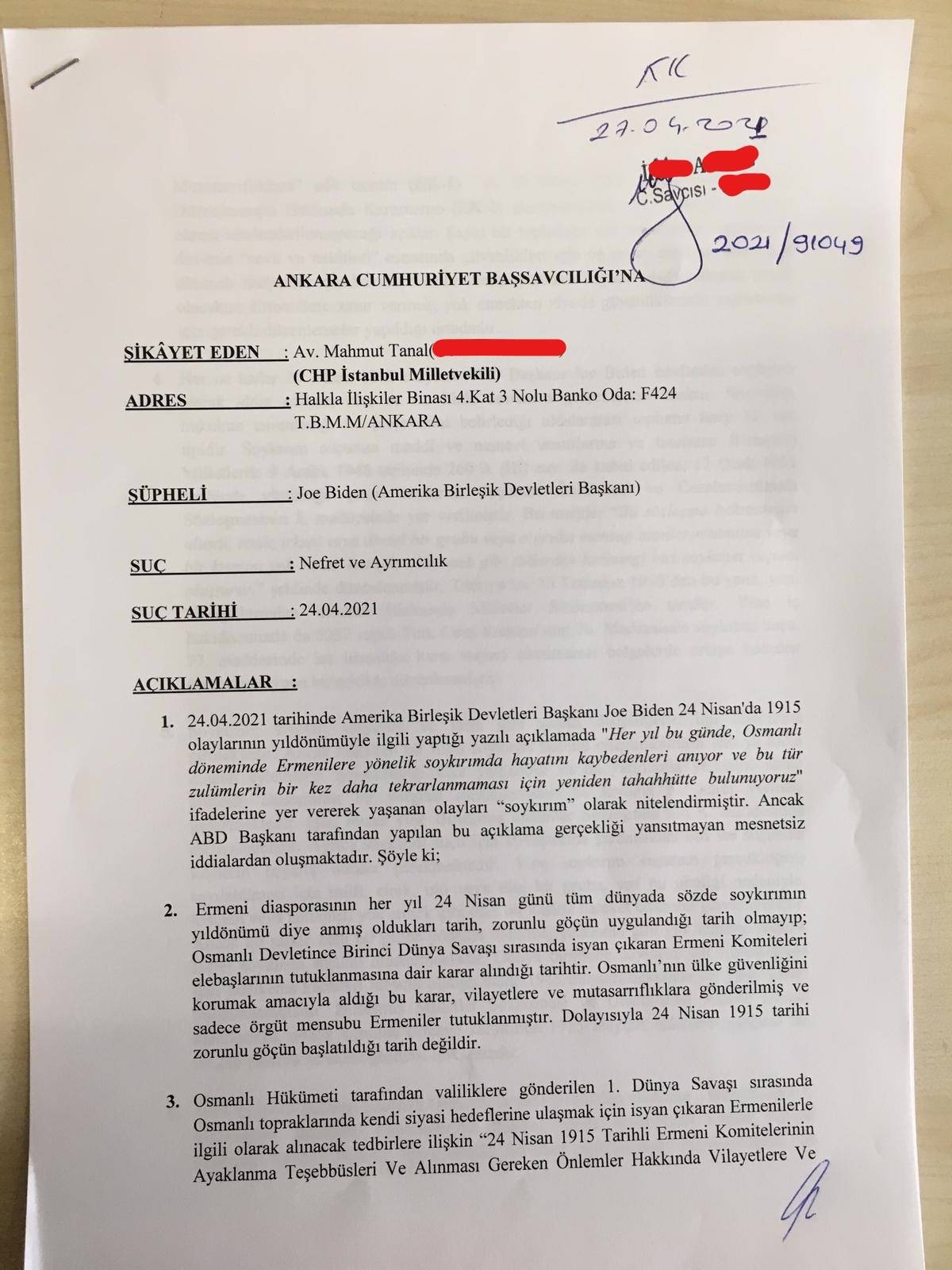 https://yenisoluk.com/uploads/2021/04/Mahmut Tanal Biden su&ccedil; duyurusu belgesi kimlik no kapatılan