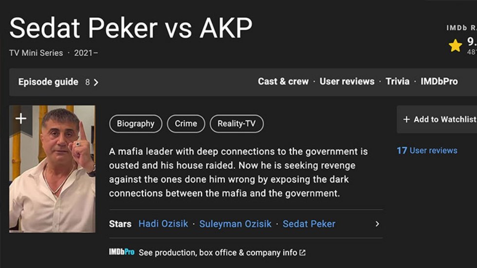 Sedat Peker'in videoları, IMDb&rsquo;de 9,9 puanla listelenmeye başladı