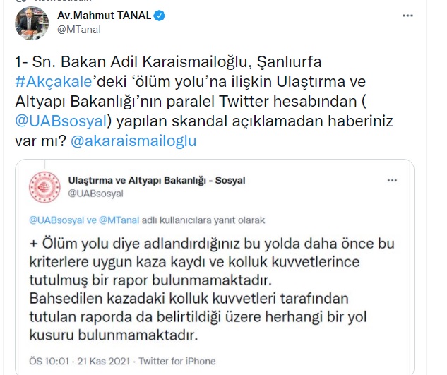 https://yenisoluk.com/uploads/2021/11/Mahmut Tanal ak&ccedil;akale yolu tweeti