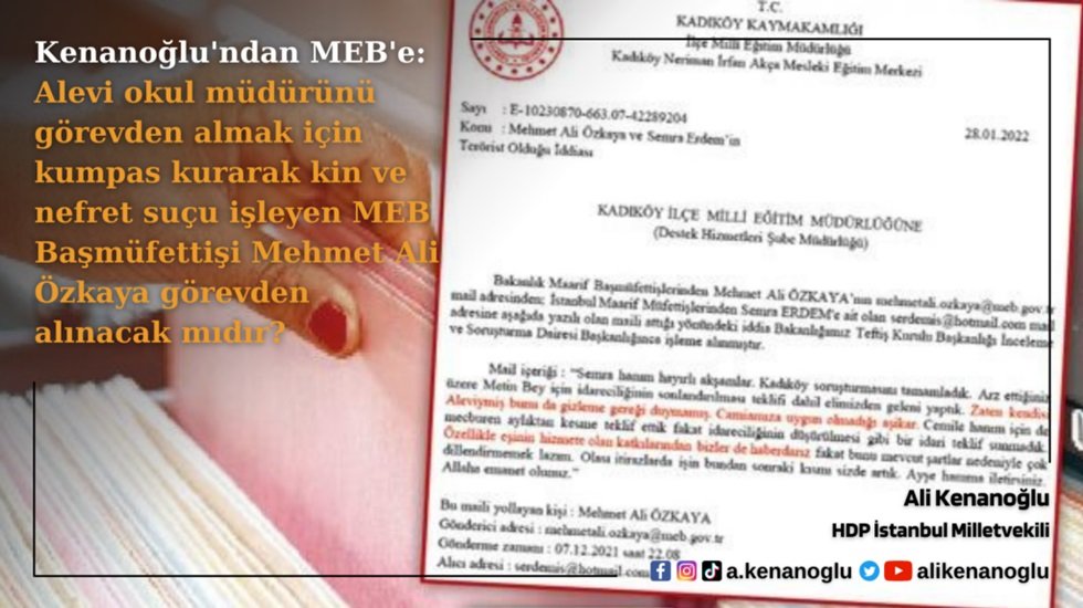 Alevi okul m&uuml;d&uuml;r&uuml;ne kumpas kurarak kin ve nefret su&ccedil;u işleyen şahıs &nbsp;g&ouml;revden alınacak mı?