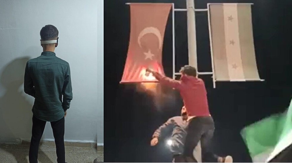 Azez'de T&uuml;rk bayrağını yakmaya &ccedil;alışanlar yakalandı