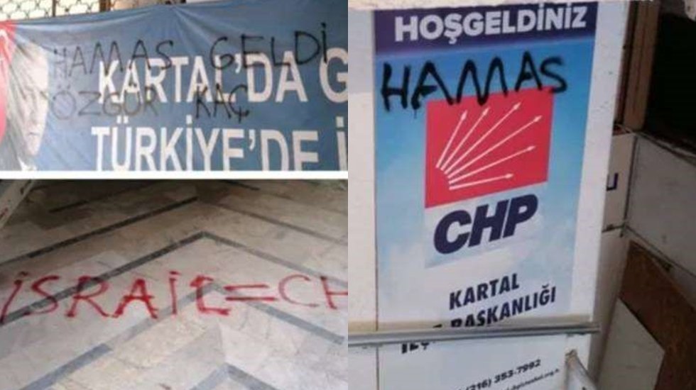Vandallar CHP İl&ccedil;e binasına "Hamas geldi, &Ouml;zg&uuml;r ka&ccedil;" yazdı...