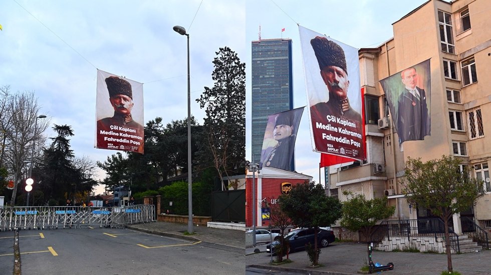 Suudi konsolosluğu&rsquo;nun olduğu sokak Atat&uuml;rk, Fahreddin Paşa G&ouml;rselleri ve T&uuml;rk bayraklarıyla donatıldı