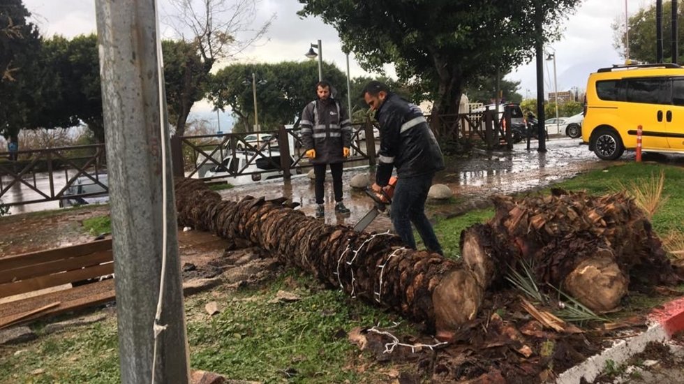 Şiddetli yağış ve fırtınanın etkili olduğu Antalya&rsquo;da t&uuml;m ekipler seferber oldu.