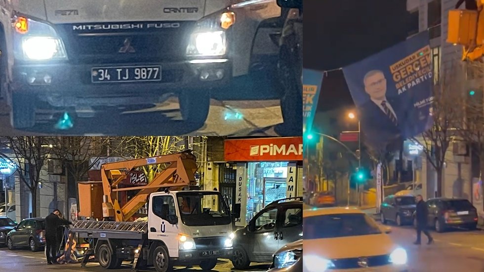 Belediye ara&ccedil;larıyla AKP&rsquo;li adayın afişleri asıldı