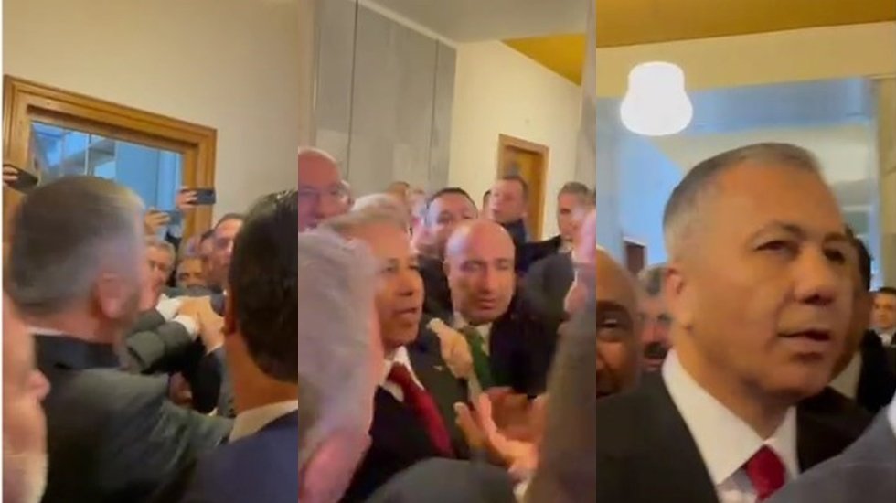 CHP'li vekiller salon &ouml;n&uuml;nde barikat kurdu! Bakan Yerlikaya ile Ali Mahir Başarır itişti&hellip;