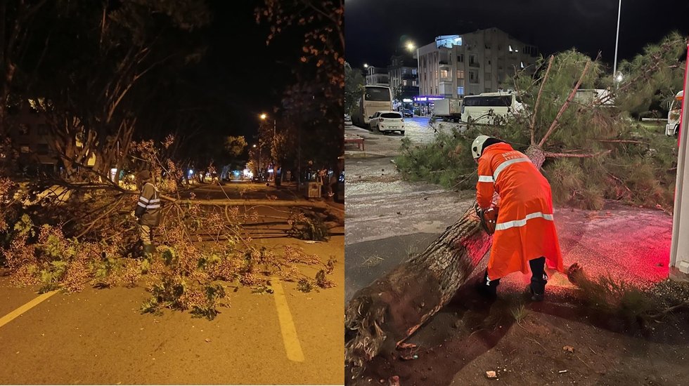 Sağanak, hortum ve fırtınadan etkilenen Antalya'da gece mesaisi...