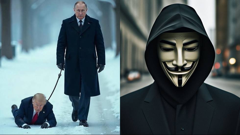 Anonymous, Putin'in, Trump'ın boynuna ip geçirilmiş yerde sürüklediği fotoğrafı paylaştı...