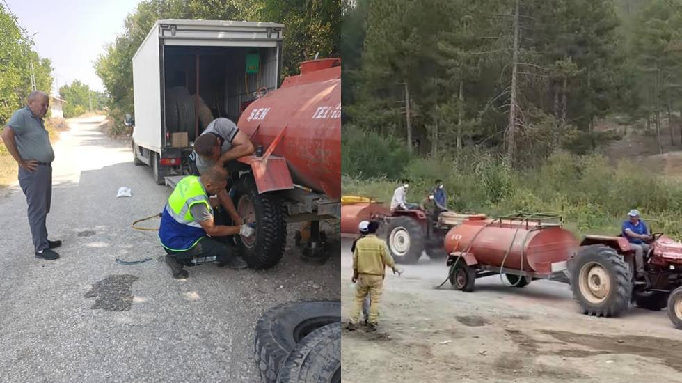 Lastiği patlak traktörüyle 40 kilometre su taşıyan köylüye lastik hediye edildi